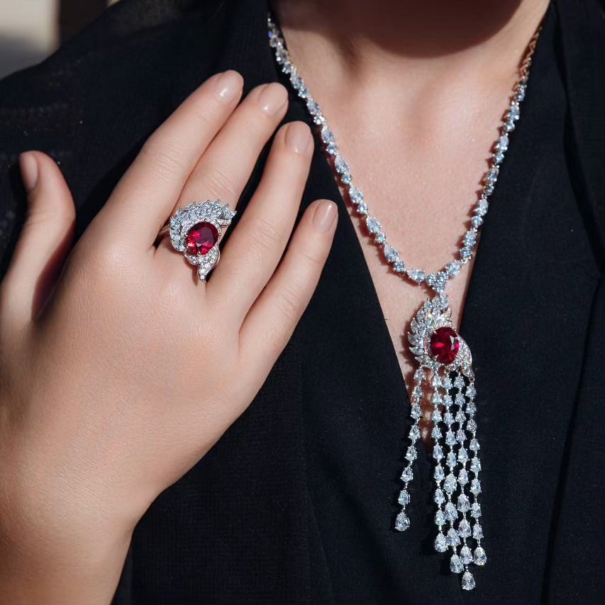 Omnia Bariza Maroon Necklace & Ring Set in 925 Silver with Oval and Marquise-Cut High-Quality Simulated Diamonds - OMNIASTORES UAE