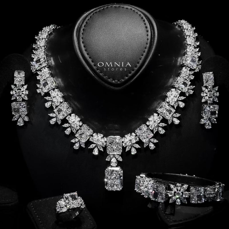 Omnia Charlene White Luxury Bridal Full Set with Radiant and Pear-Cut High Quality Simulated Diamonds Premium Rhodium Plated