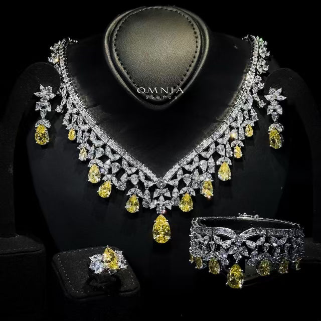Omnia Princess Bridal Full Set with Pear-Cut White and Yellow High-Quality Simulated Diamonds Rhodium Plated - OMNIASTORES UAE