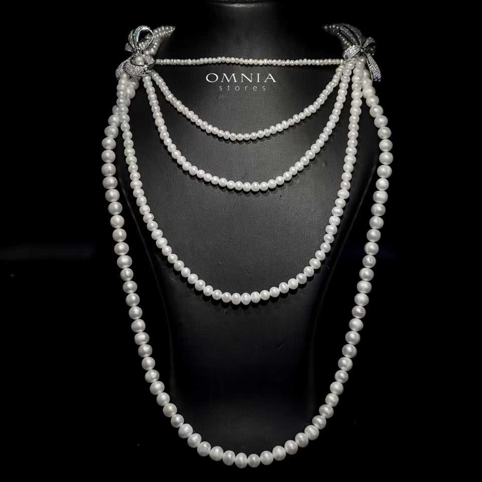 Omnia Almas Bow Fresh Water Pearl Long Chain Necklace with High Quality Simulated Diamonds - OMNIASTORES UAE