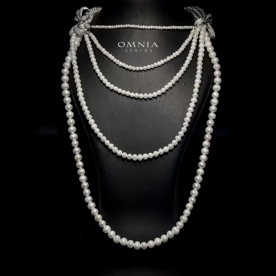 Omnia Almas Bow Fresh Water Pearl Long Chain Necklace with High Quality Simulated Diamonds - OMNIASTORES UAE