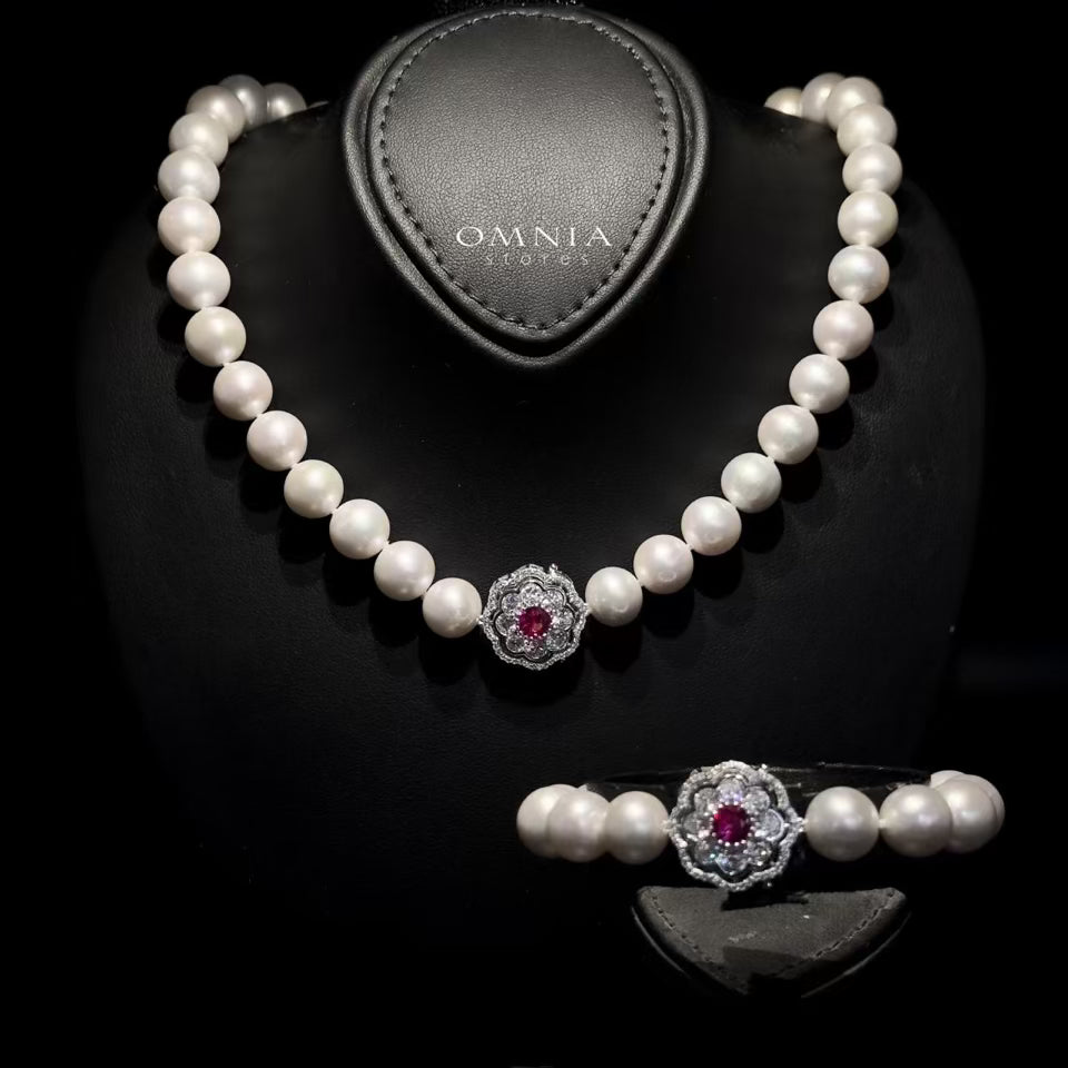 Omnia Ameenah Fresh Real Water Pearl Necklace and Bracelet Set in 92.5 Silver Accessories High Quality Simulated Diamonds - OMNIASTORES UAE