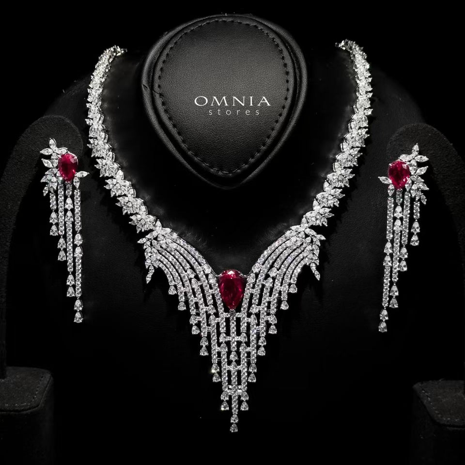 Omnia Abir Maroon Bridal Necklace & Earrings Set in 925 Silver with Pear and Marquise-Cut High-Quality Simulated Diamonds - OMNIASTORES UAE