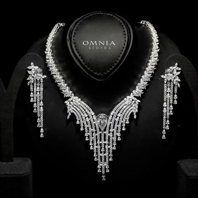 Omnia Abir White Bridal Necklace & Earrings Set in 925 Silver with Pear and Marquise-Cut High-Quality Simulated Diamonds - OMNIASTORES UAE