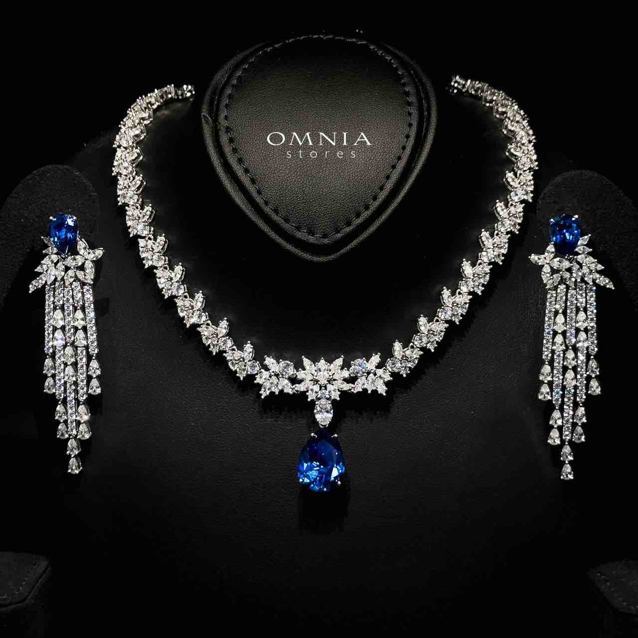 Omnia Vanya Blue Necklace & Earrings Set in 925 Silver with Pear-Cut High-Quality Simulated Diamonds - OMNIASTORES UAE
