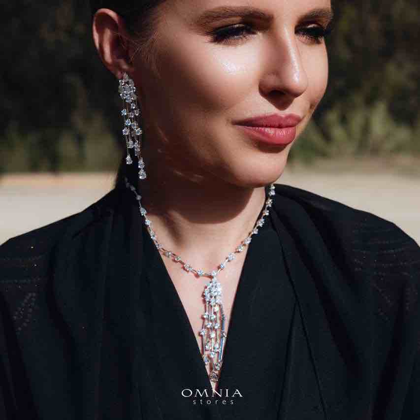 Omnia Adhara White Necklace and Earrings Set In 92.5 Silver High Quality Simulated Diamonds - OMNIASTORES KSA