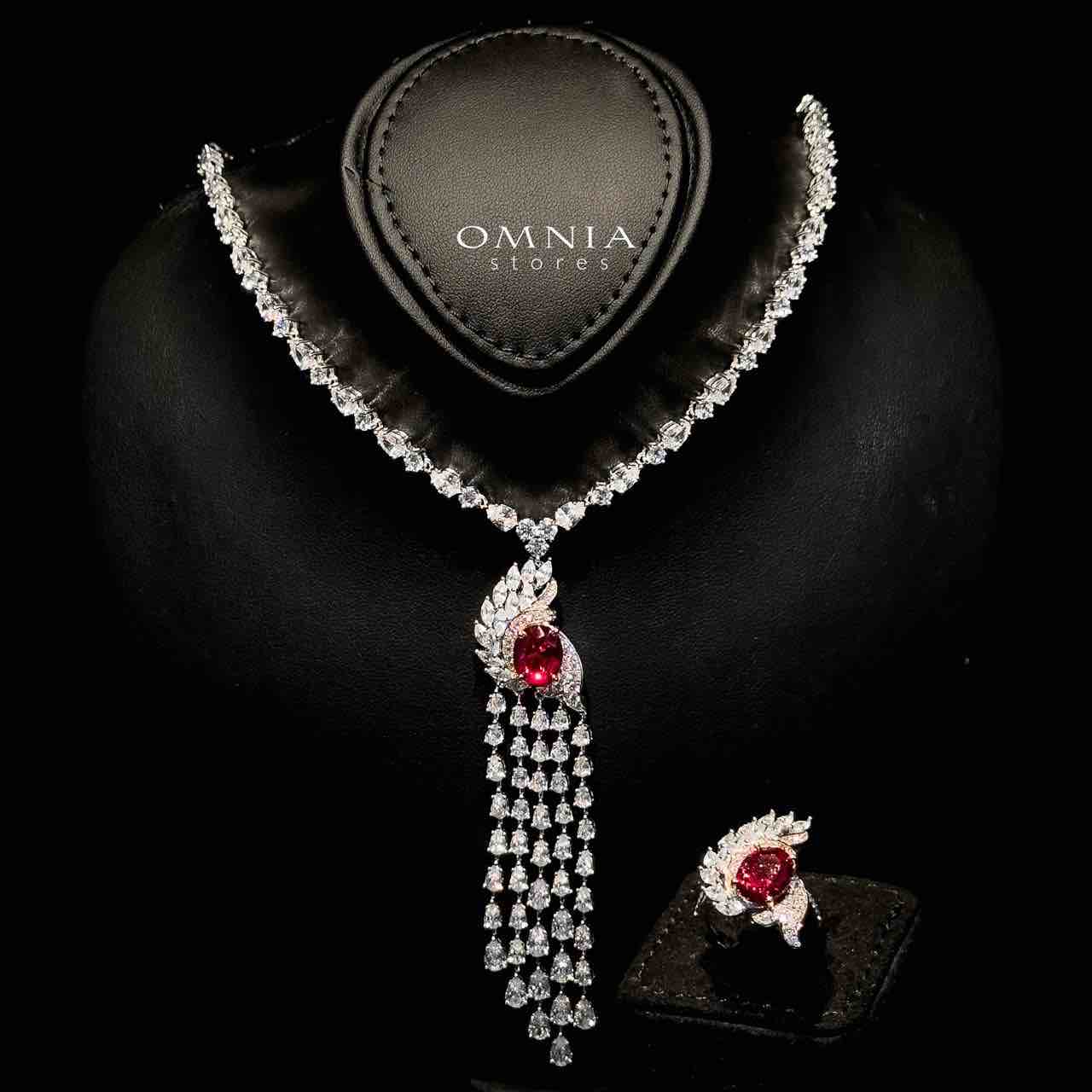 Omnia Bariza Maroon Necklace & Ring Set in 925 Silver with Oval and Marquise-Cut High-Quality Simulated Diamonds - OMNIASTORES UAE