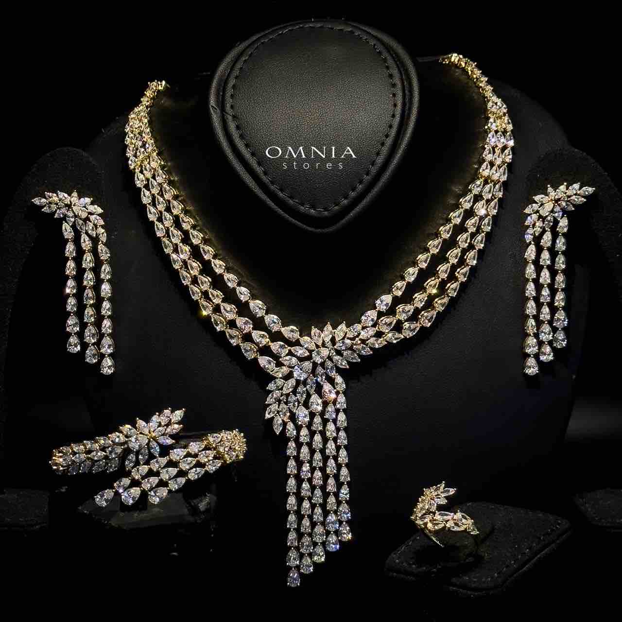 Omnia Rahaf Golden Bridal Full Set Accessories in High Quality Zircon Stone in Rhodium Plated