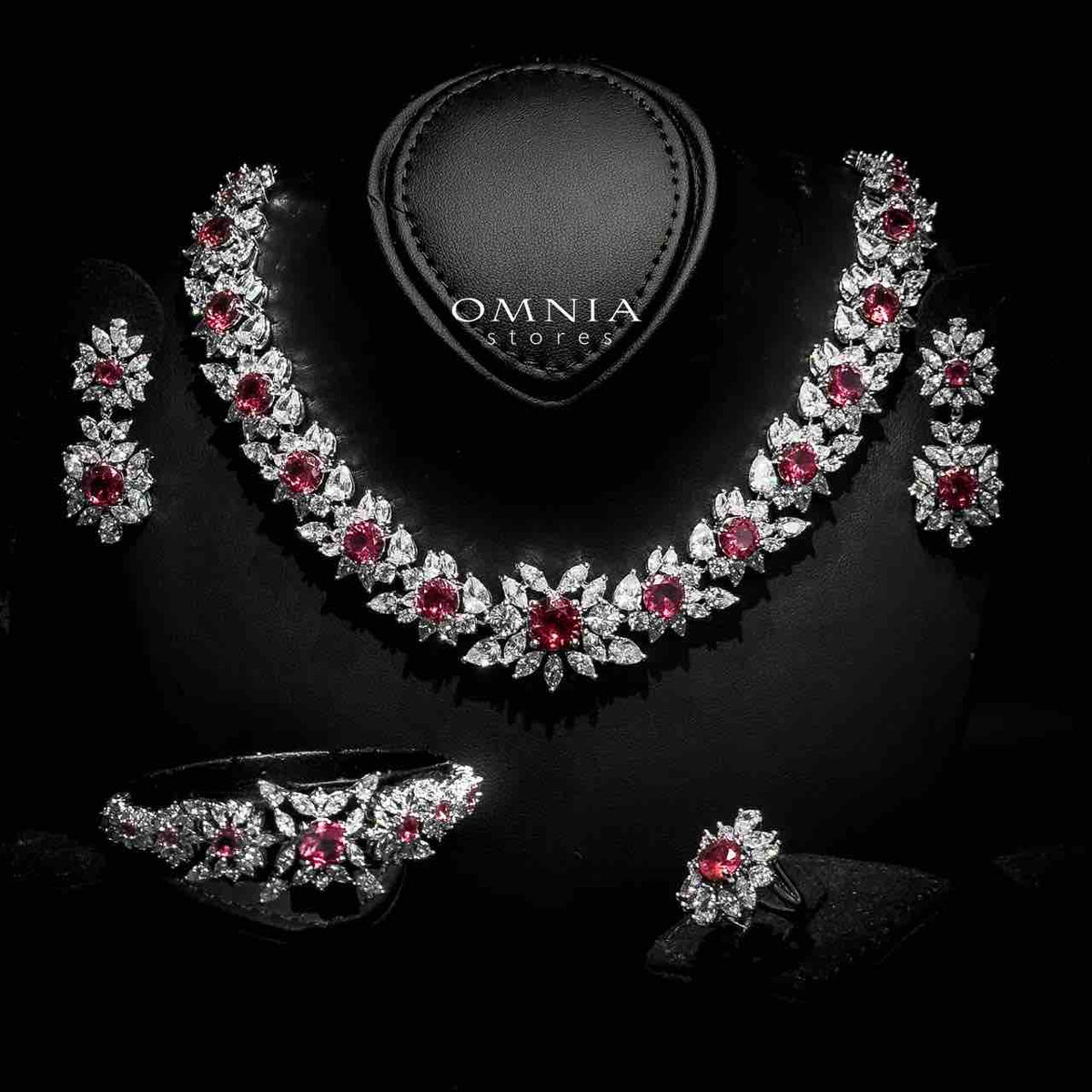 Omnia Nareen Red Bridal Full Set in High Quality Simulated Diamonds Premium Rhodium Plated - OMNIASTORES UAE
