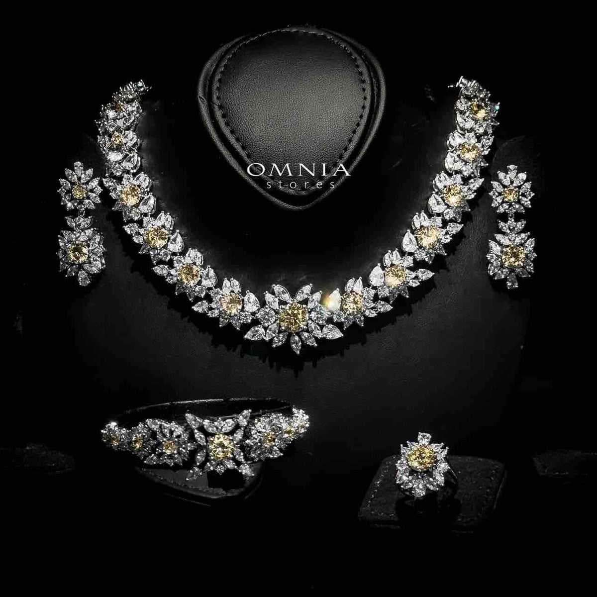 Omnia Nareen Yellow Bridal Full Set in High Quality Simulated Diamonds Premium Rhodium Plated - OMNIASTORES UAE