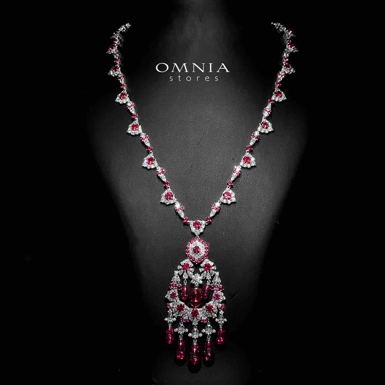 Omnia Nawwar Red and Pink Necklace and Earrings Set 925 Silver in High Quality Simulated Diamonds - OMNIASTORES UAE