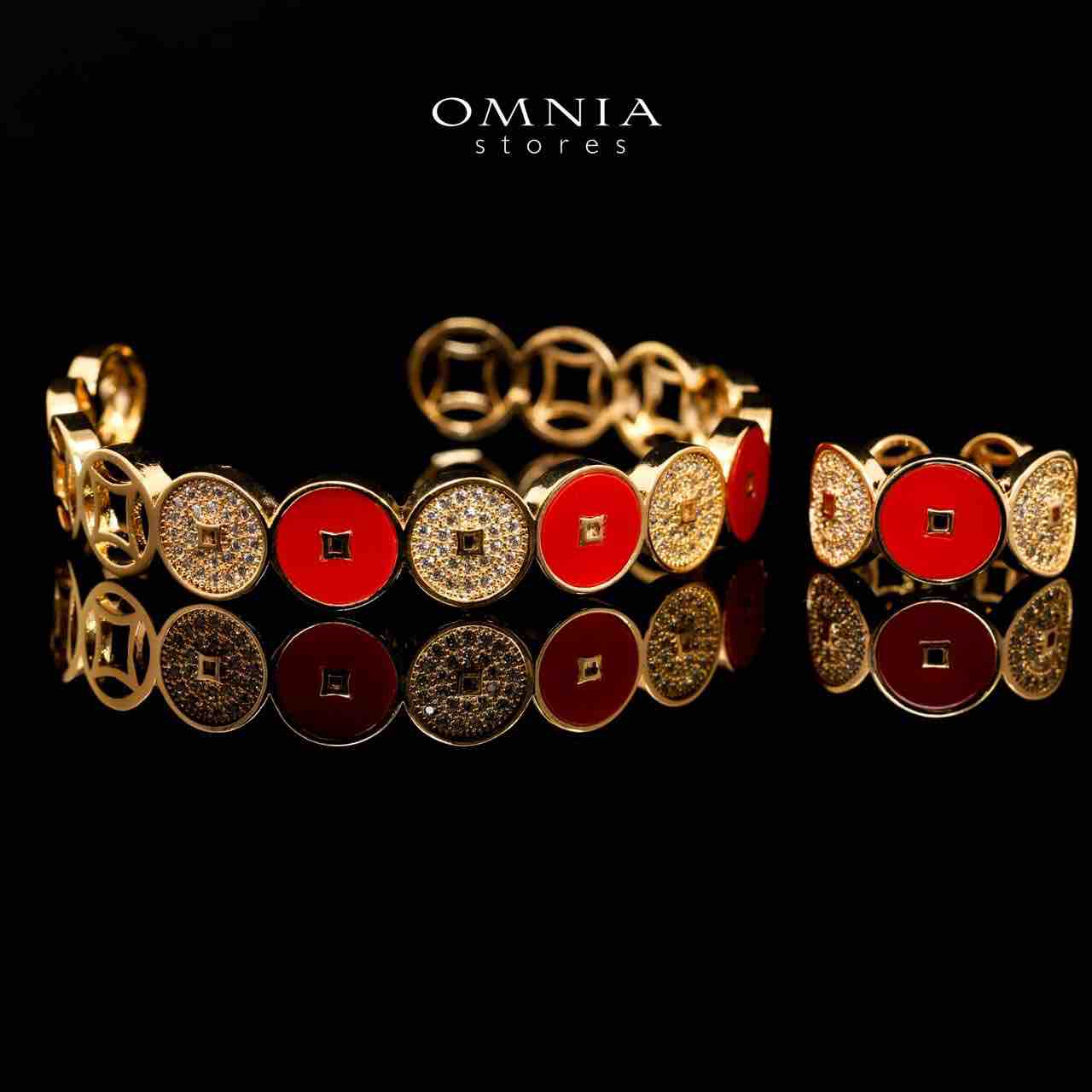 Omnia Golden Cuff With Bracelet and Ring with Red Oval Design In Rhodium Plated - OMNIASTORES UAE