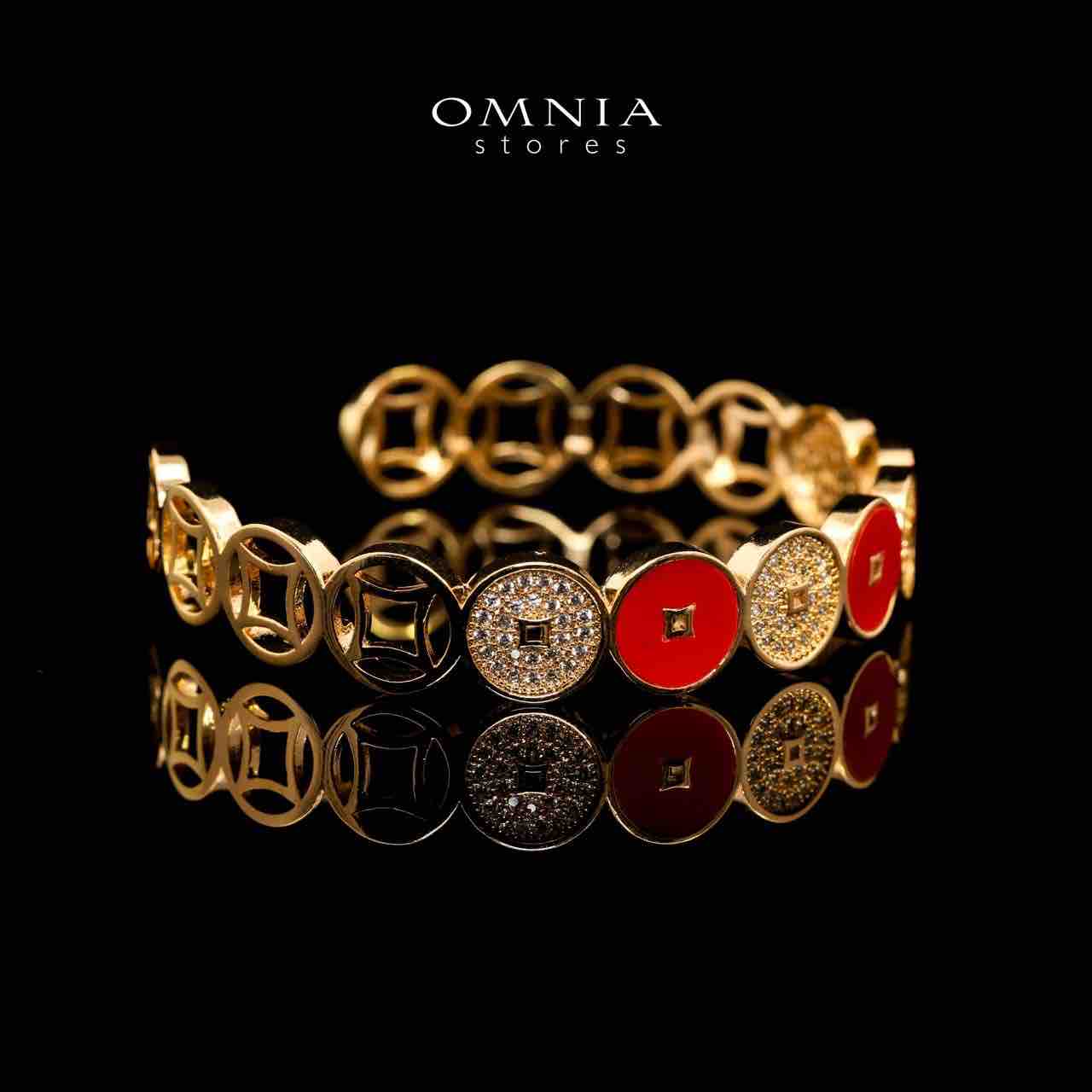 Omnia Golden Cuff With Bracelet and Ring with Red Oval Design In Rhodium Plated - OMNIASTORES UAE