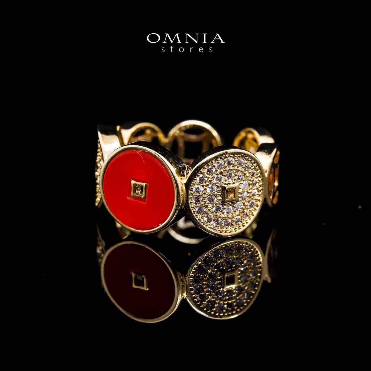 Omnia Golden Cuff With Bracelet and Ring with Red Oval Design In Rhodium Plated - OMNIASTORES UAE