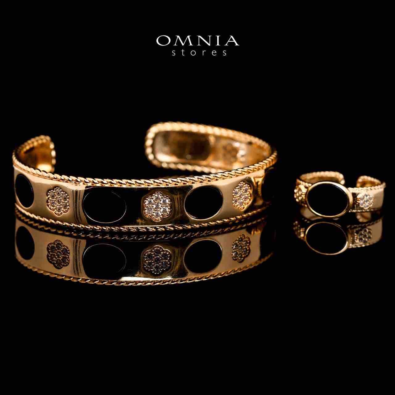 Omnia Golden Coverd Cuff With Bracelet and Ring with Black In Rhodium Plated - OMNIASTORES UAE