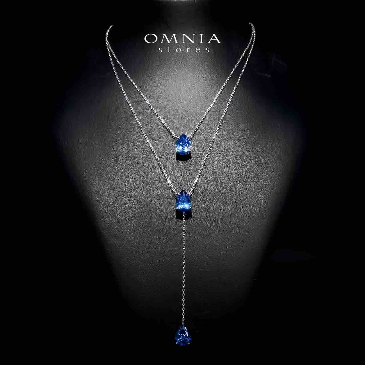 Omnia Scarlett Blue Teardrop Layered Necklace in 925 Silver with High-Quality Simulated Diamonds