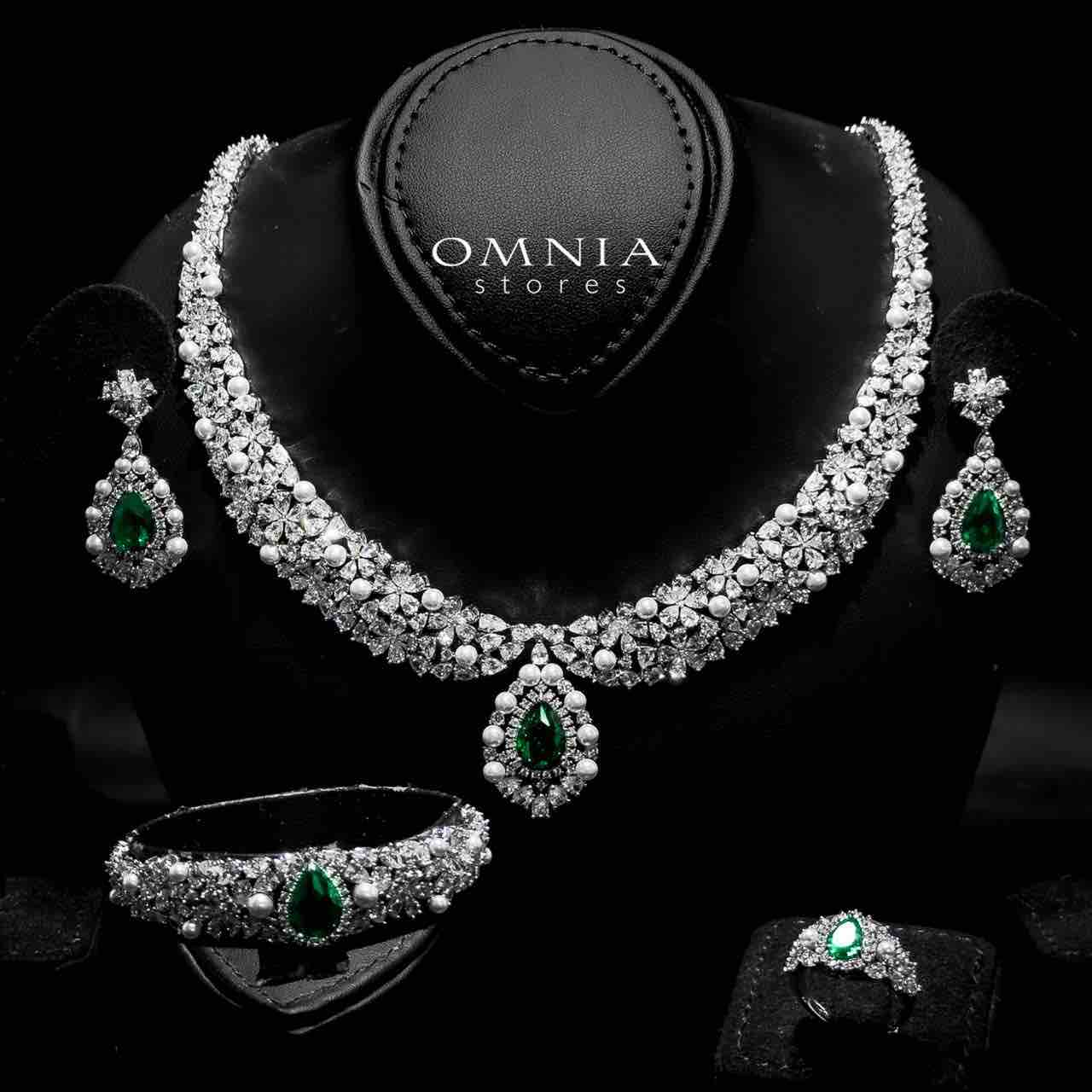 Omnia Aiyesha Green Bridal Full Set in High Quality Zircon Stone in Rhodium Plated - OMNIASTORES UAE