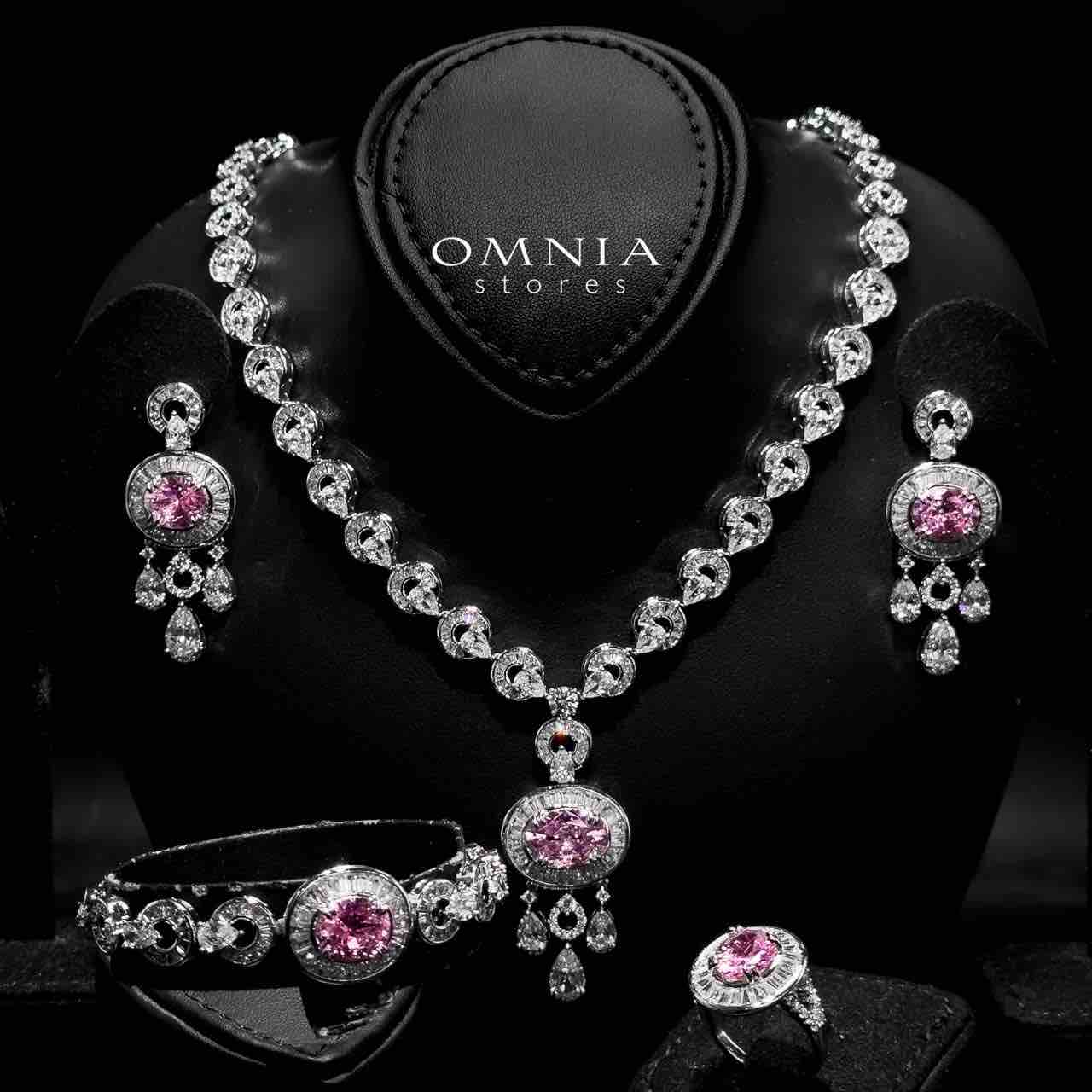 Omnia Hayah Pink Bridal Full Set in High Quality Zircon Stone in Rhodium Plated - OMNIASTORES UAE