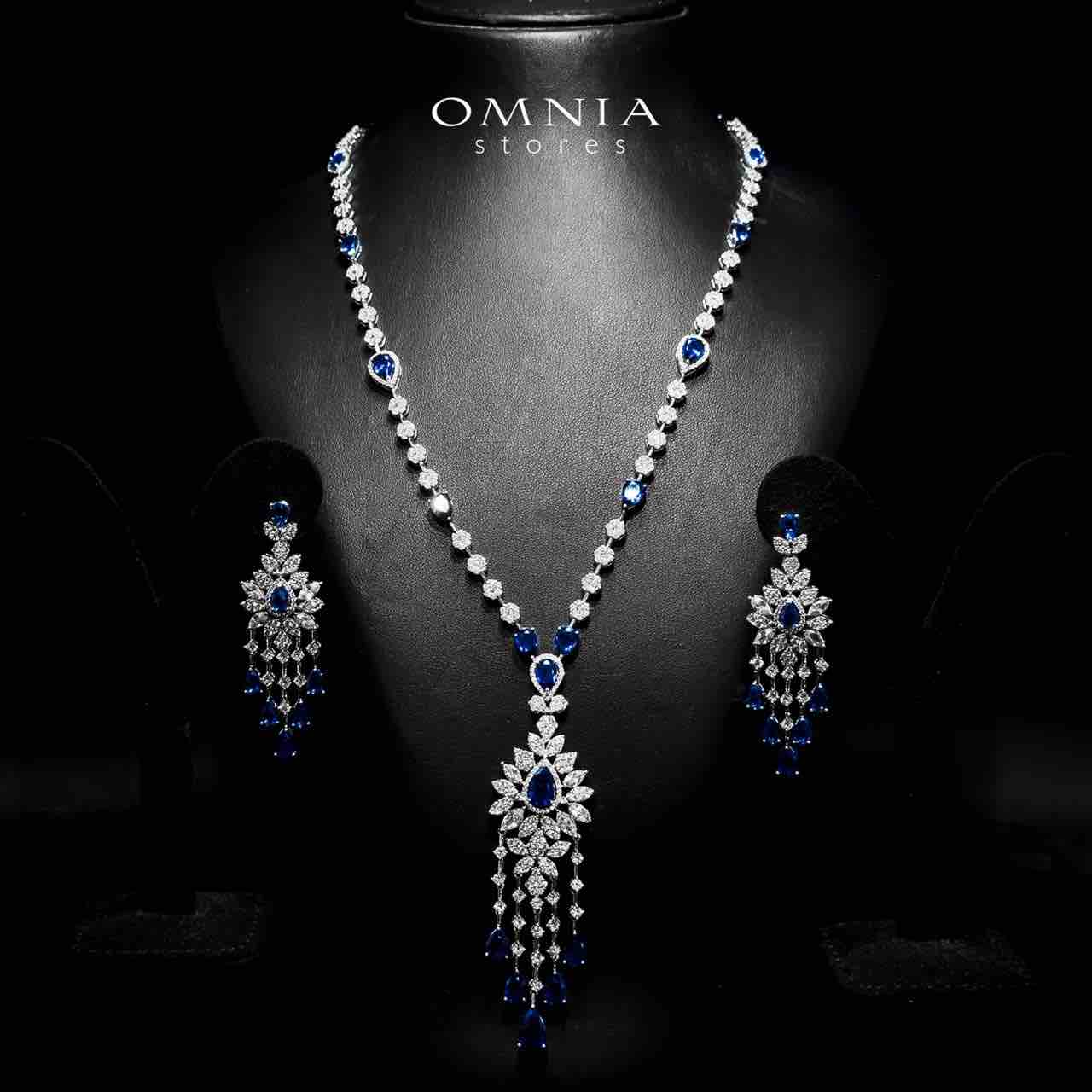 Azadeh Blue Bridal Long chain Set Accessories High Quality Zircon Stone In Rhodium Plated - OMNIASTORES UAE