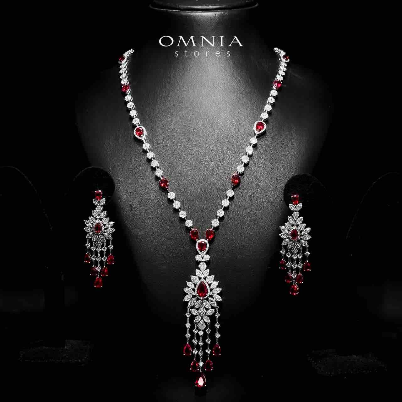 Azadeh Red Bridal Long chain Set Accessories High Quality Zircon Stone In Rhodium Plated - OMNIASTORES UAE