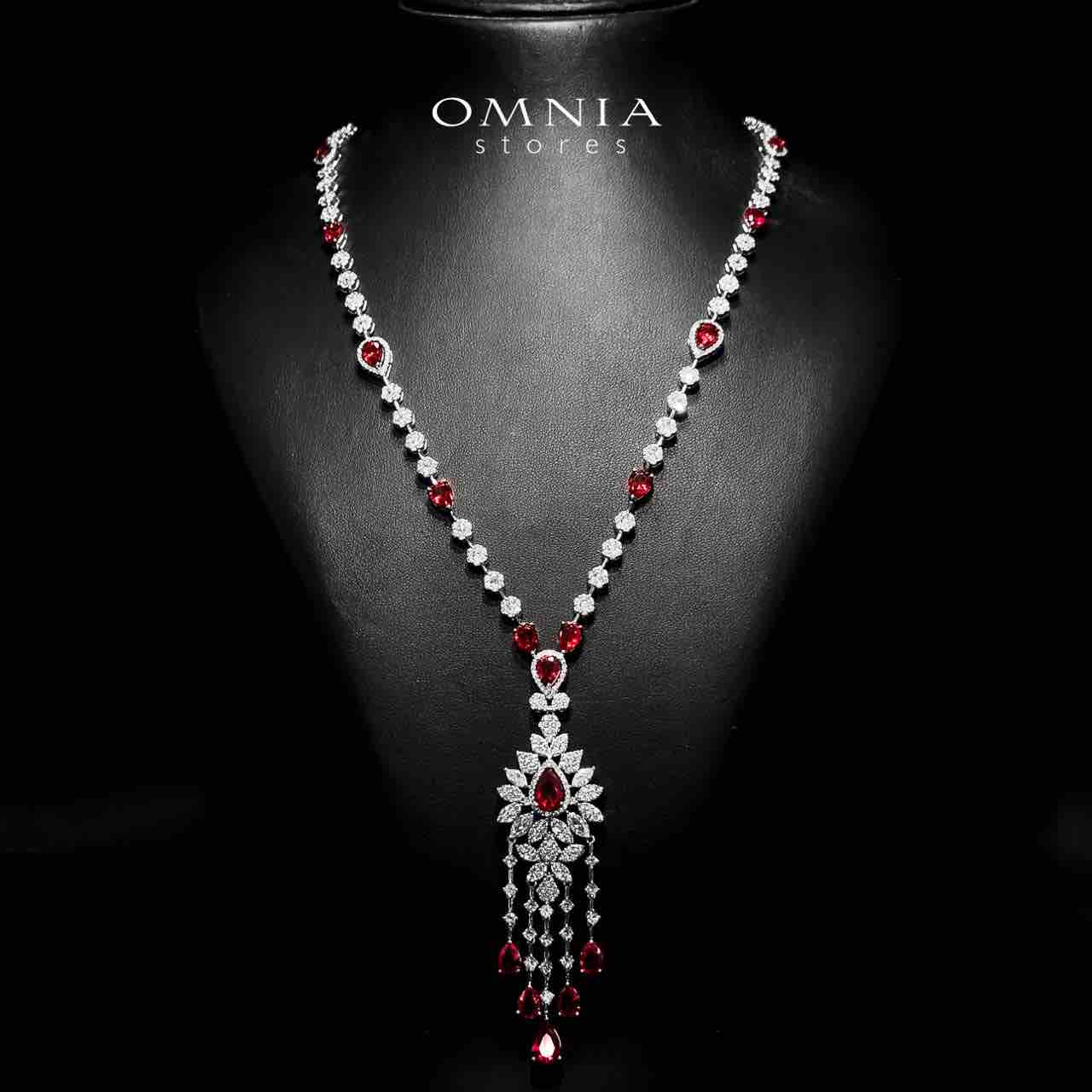 Azadeh Red Bridal Long chain Set Accessories High Quality Zircon Stone In Rhodium Plated - OMNIASTORES UAE