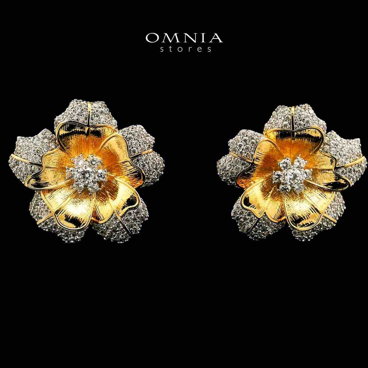 Omnia Elnaz Gold Plated Flower Design Necklace, Earrings & Ring Set in High Quality Zircon Stone in Rhodium Plated