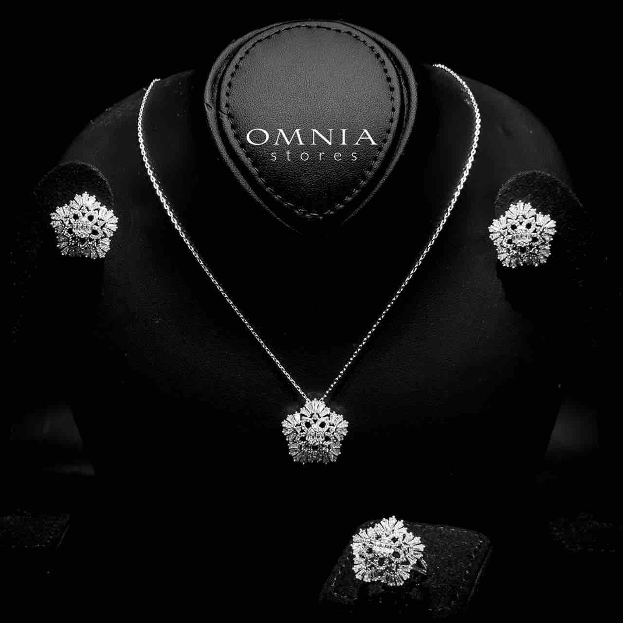 Omnia Farahnaz Silver Necklace, Earrings & Ring Set in High Quality Zircon Stone in Rhodium Plated - OMNIASTORES UAE
