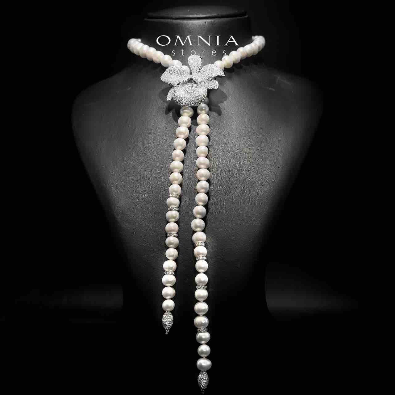 Omnia Stella Floral Design Long Chain Necklace in 925 Silver with High-Quality Simulated Diamonds - OMNIASTORES UAE