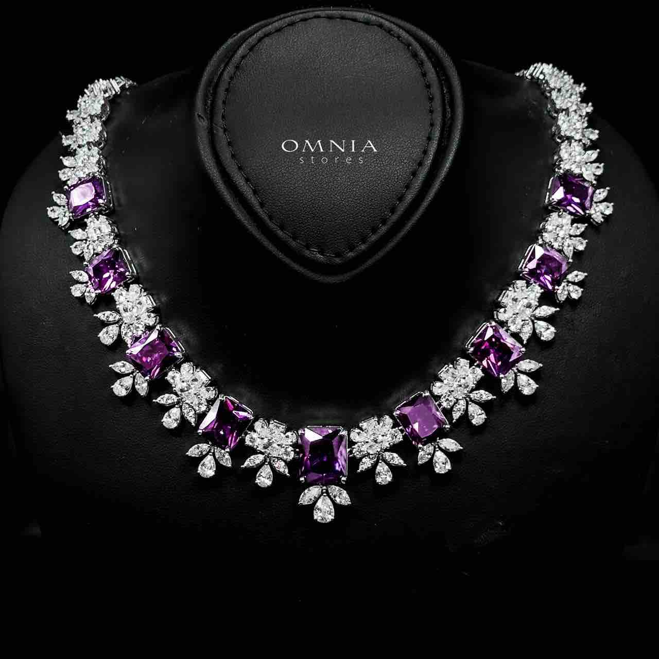 Omnia Charlotte Purple Bridal Full Set with Emerald and Pear-Cut High-Quality Simulated Diamonds Rhodium Plated - OMNIASTORES UAE