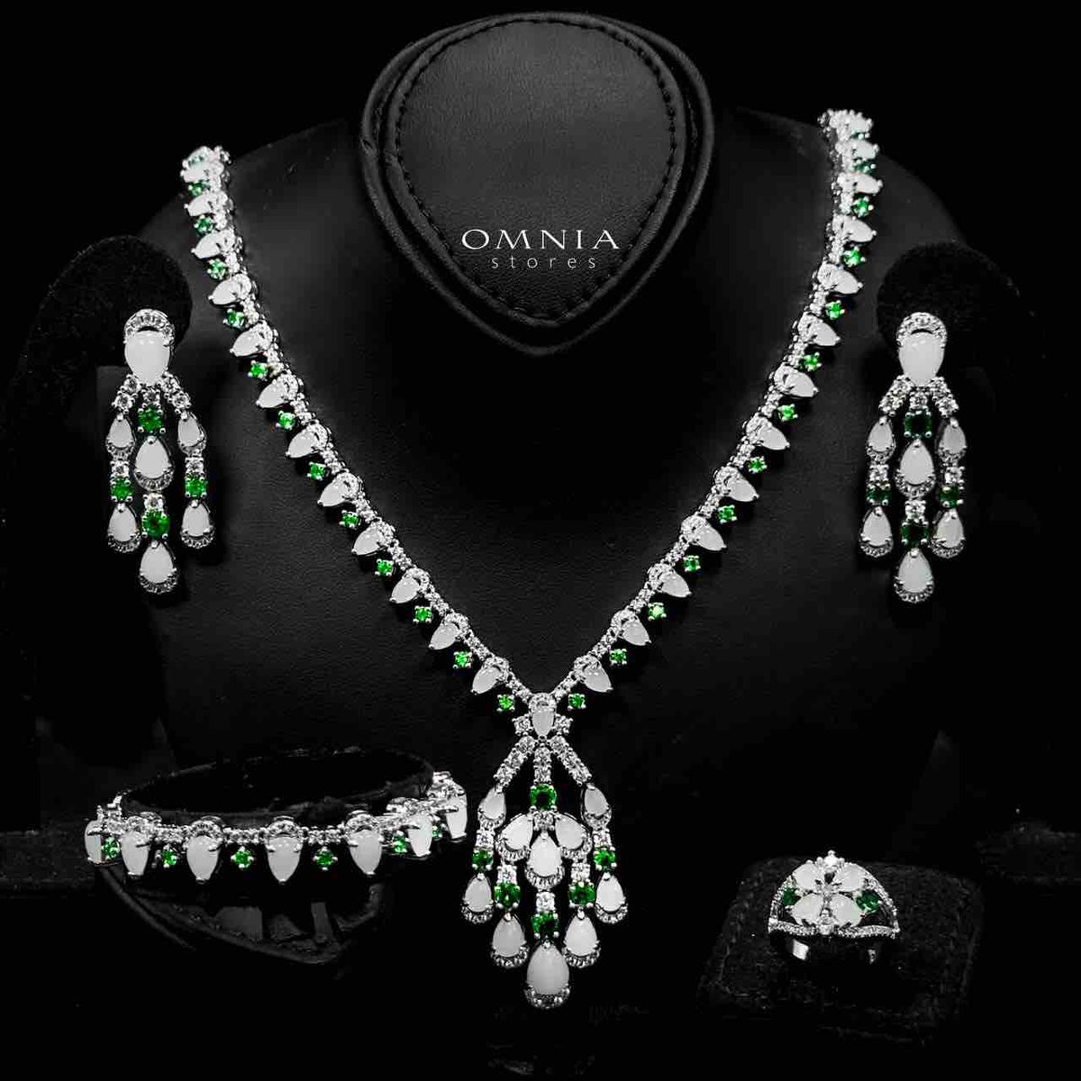 Omnia Salma White and Green Full Set with High Quality Simulated Diamonds Premium Rhodium Plated - OMNIASTORES UAE