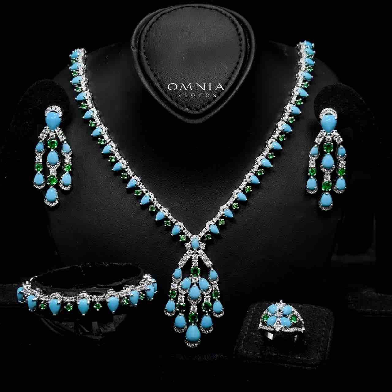 Omnia Salma Turquoise and Green Full Set with High-Quality Simulated Diamonds Rhodium Plated - OMNIASTORES UAE
