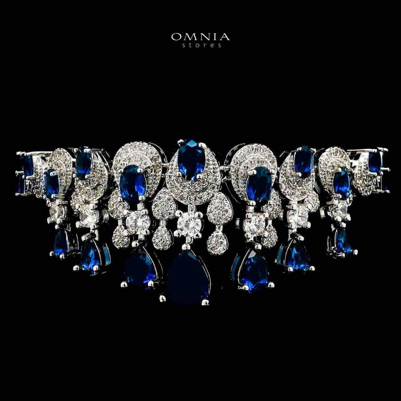 Omnia Aleya Blue Bridal Full Long chain Set in High Quality Simulated Diamonds Rhodium Plated