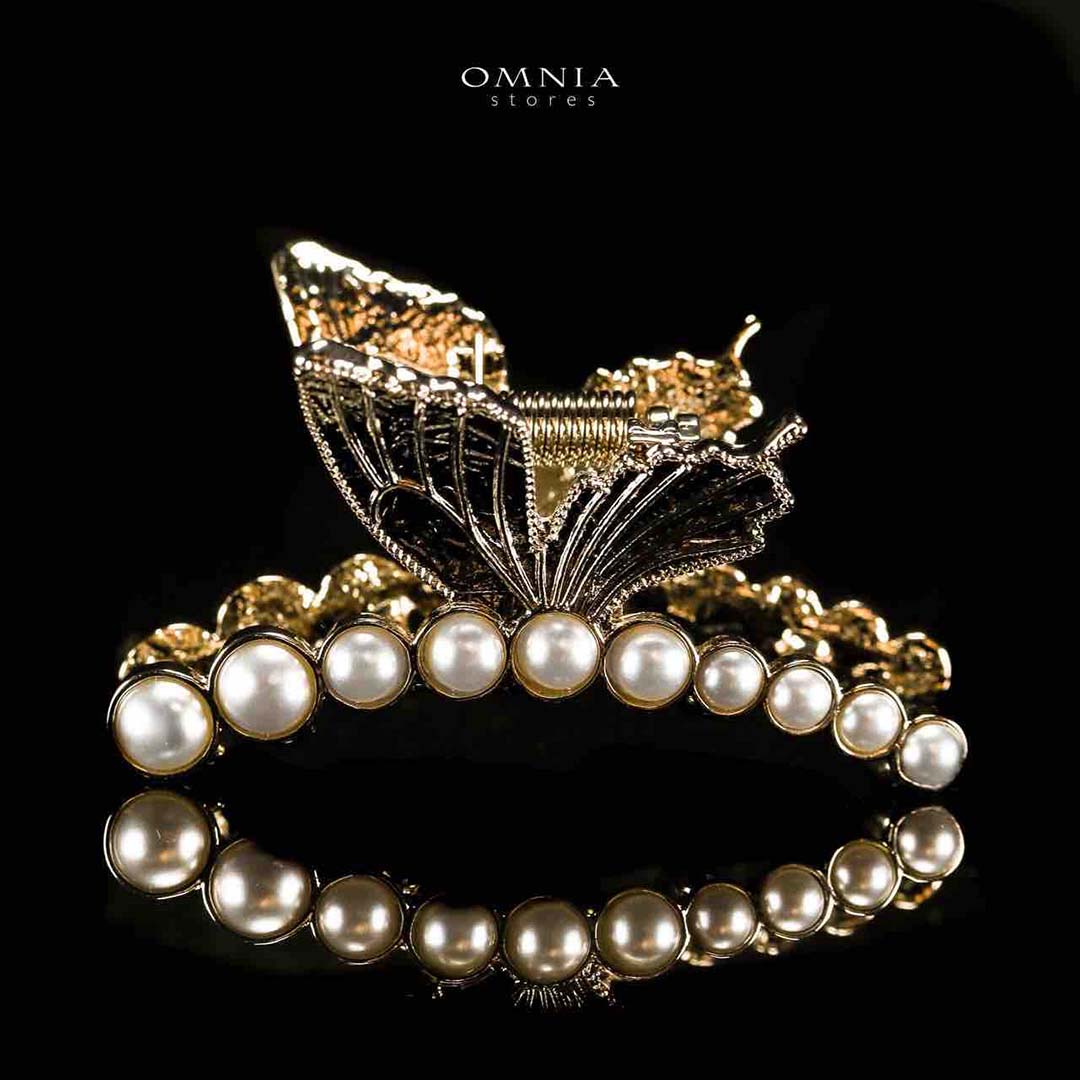 Omnia Ruwayda Pearl Butterfly Light Gold Hair Clip in High Quality Zircon Stone In Rhodium Plated