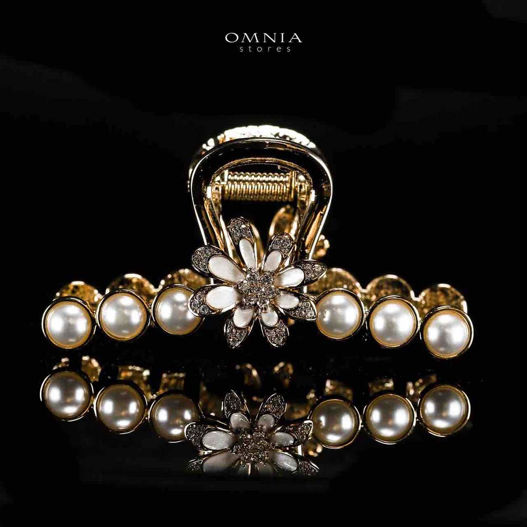 Omnia Ghazala Pearl Flower Design Light Gold Hair Clip in High Quality Zircon Stone In Rhodium Plated