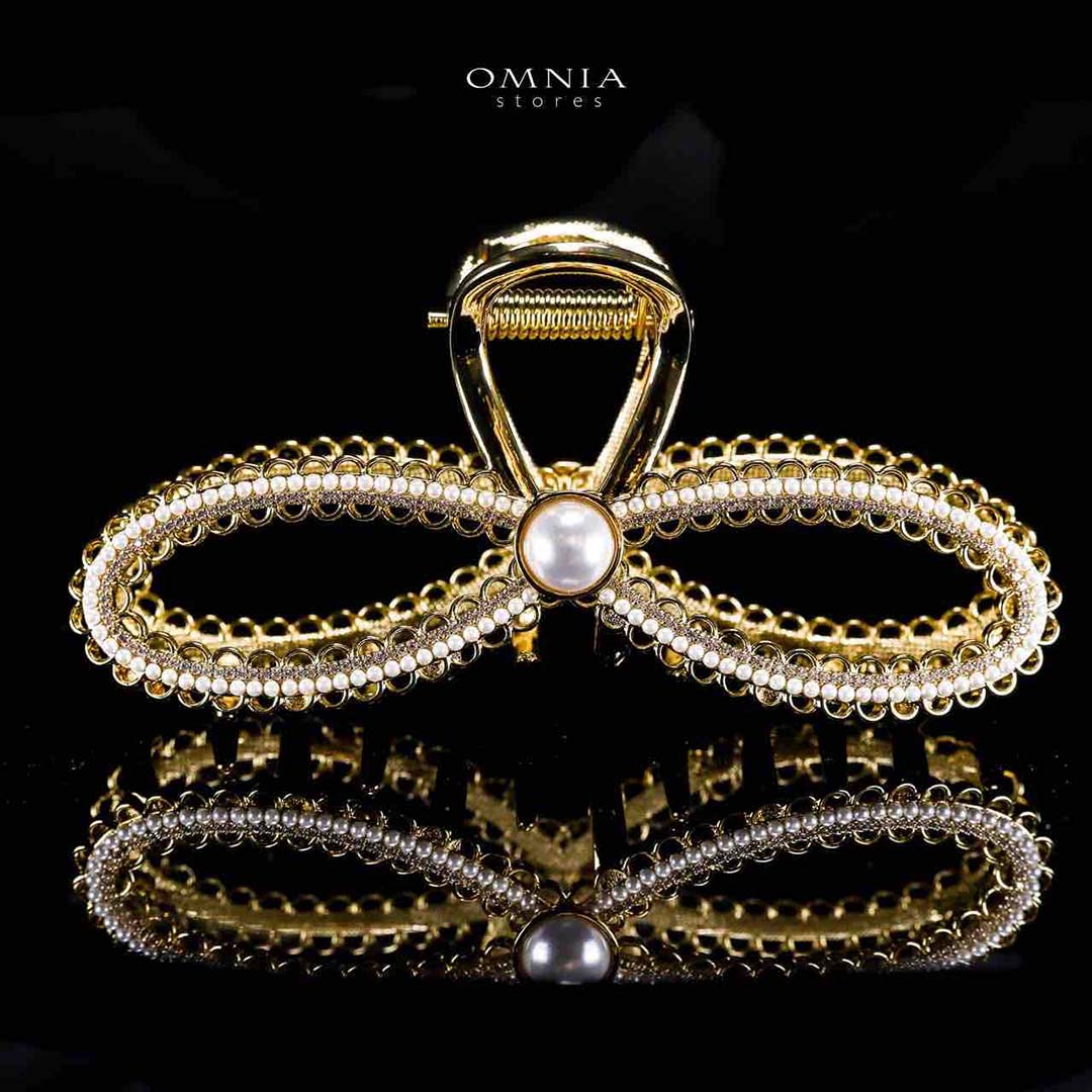 Omnia Aneeqa Pearl Infinity Design Gold Hair Clip in High Quality Zircon Stone In Rhodium Plated