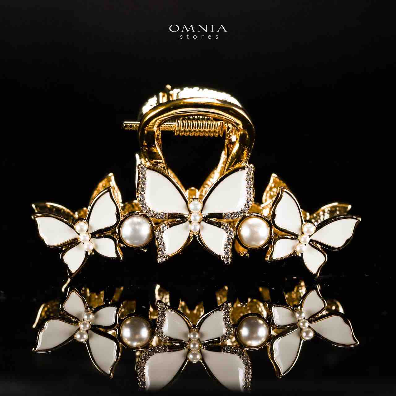 Omnia Miskah Butterfly Gold Hair Clip in High Quality Zircon Stone In Rhodium Plated - OMNIASTORES UAE
