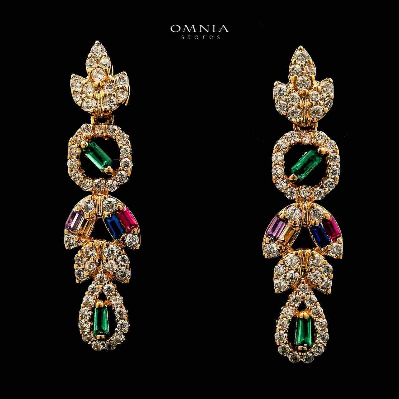 Omnia Safina Golden Necklace, Earrings & Ring With Rhodium Plated In High Quality Zircon Stone