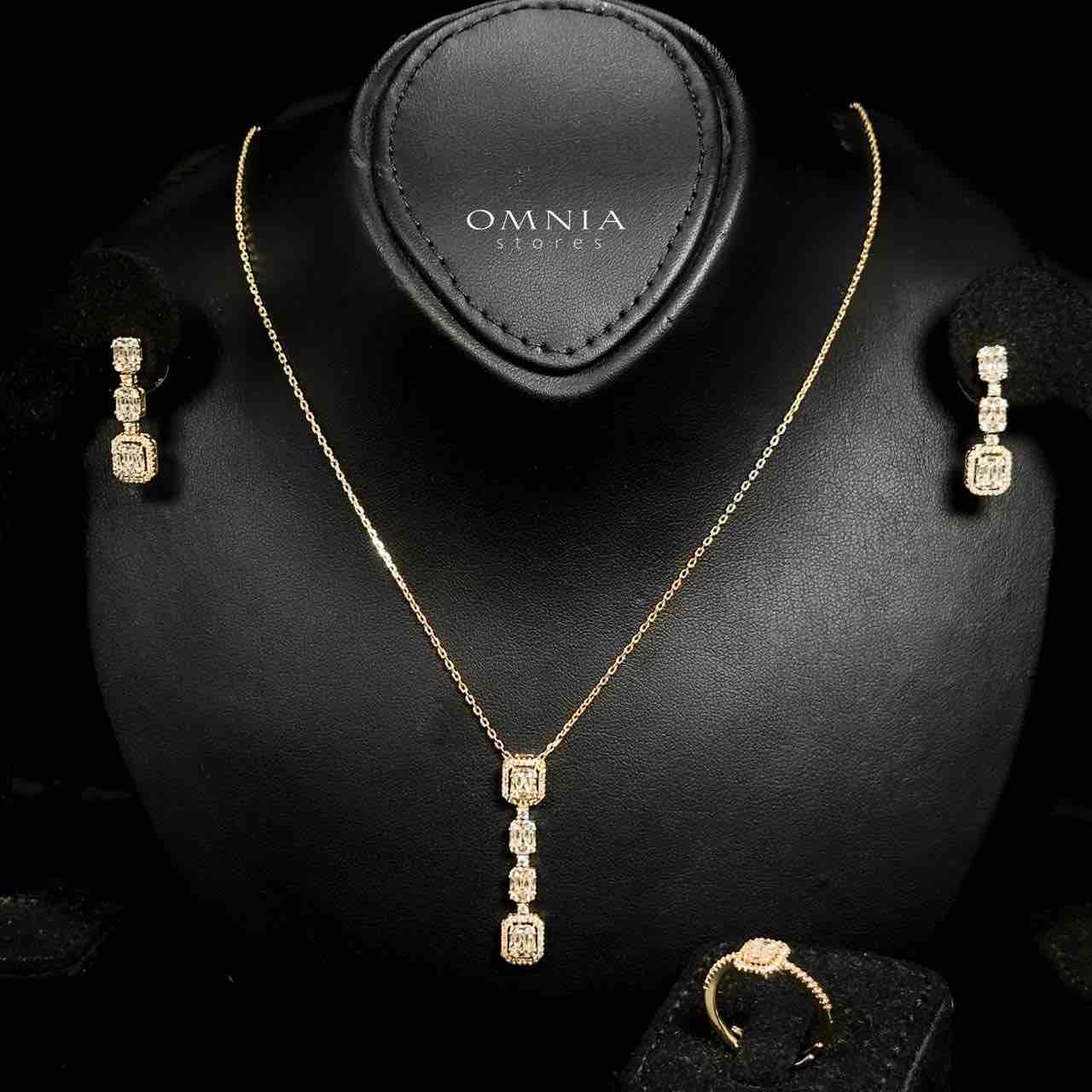 Omnia Cilwa Golden Necklace, Eariings and Ring With Rhodium Plated In High Quality Zircon Stone