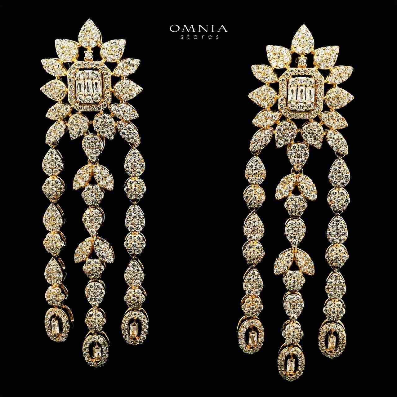 Omnia Tima Golden Drop Eariings With Rhodium Plated In High Quality Zircon Stone