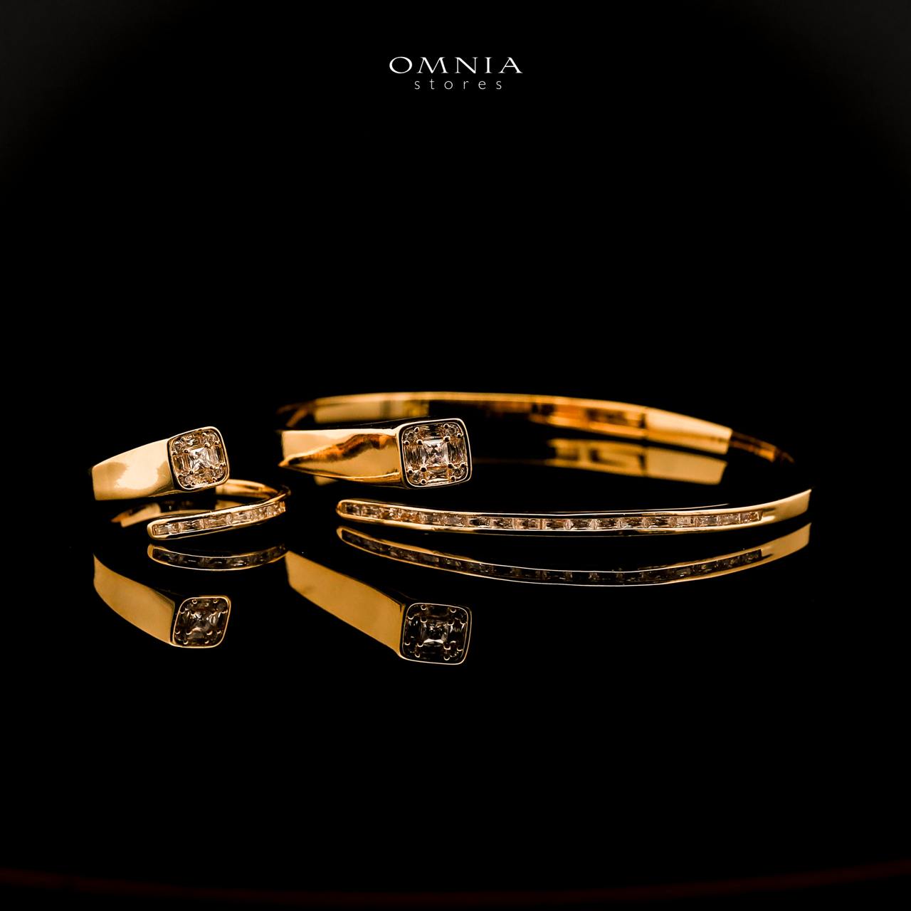 Omnia Fawziya Golden Bangle & Ring With Rhodium Plated In High Quality Zircon Stone - OMNIASTORES UAE