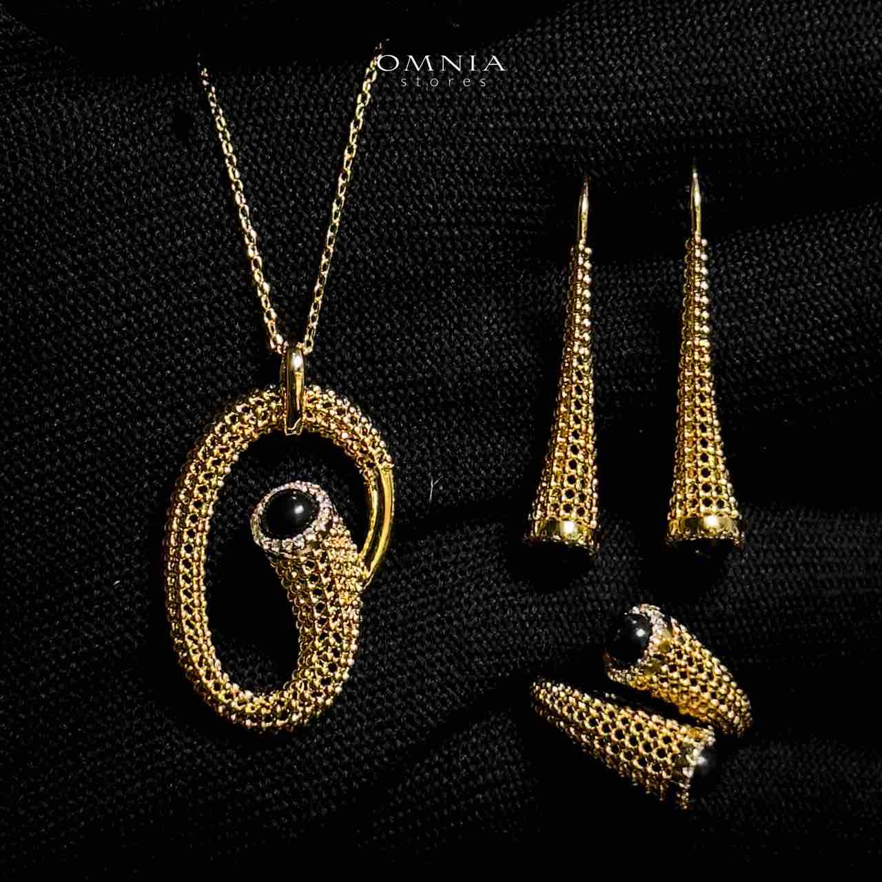 Omnia Lamisah Golden Necklace, Earring and Rings With Rhodium Plated In High Quality Zircon Stone - OMNIASTORES UAE
