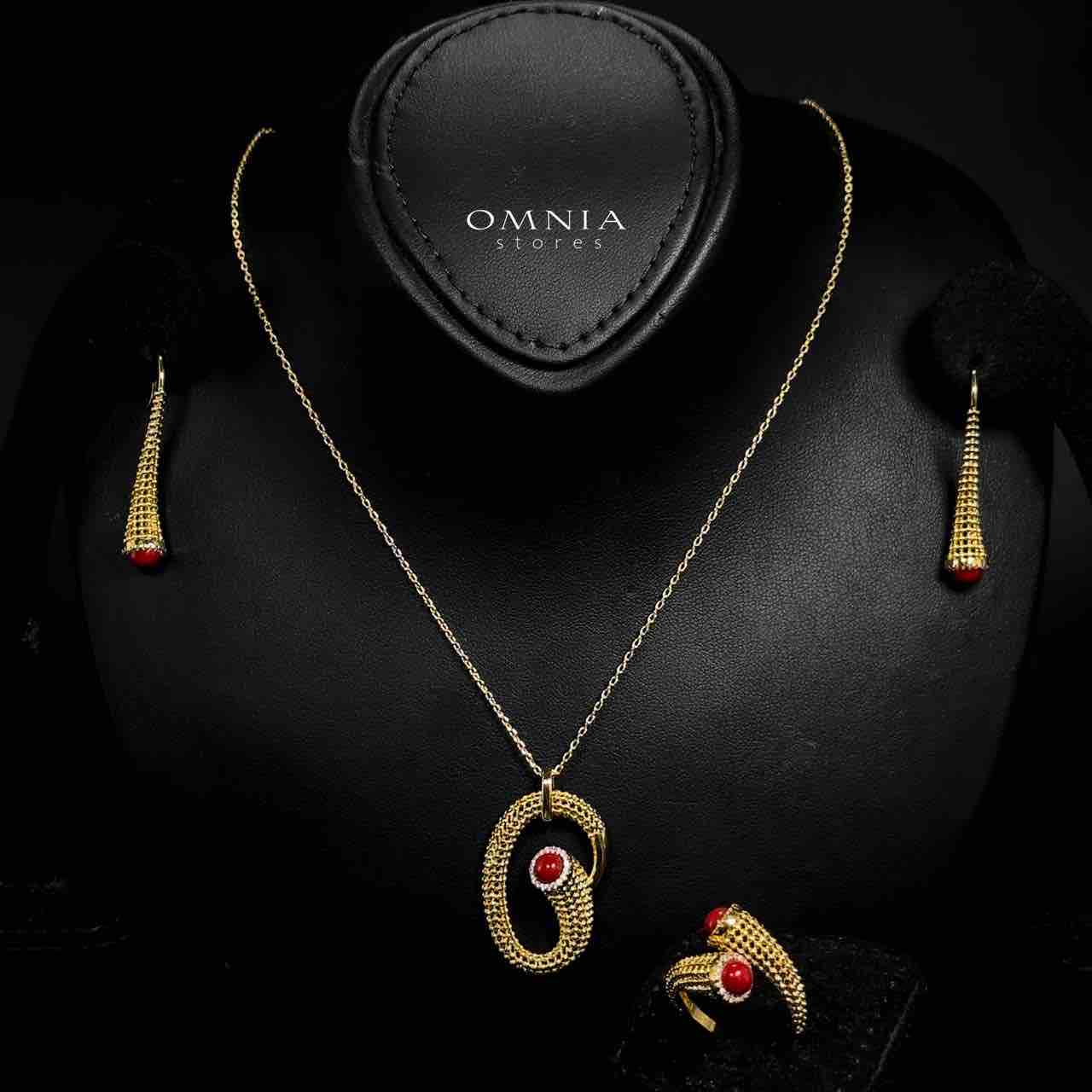 Omnia Lamisah Golden Red Necklace, Earring and Rings With Rhodium Plated In High Quality Zircon Stone
