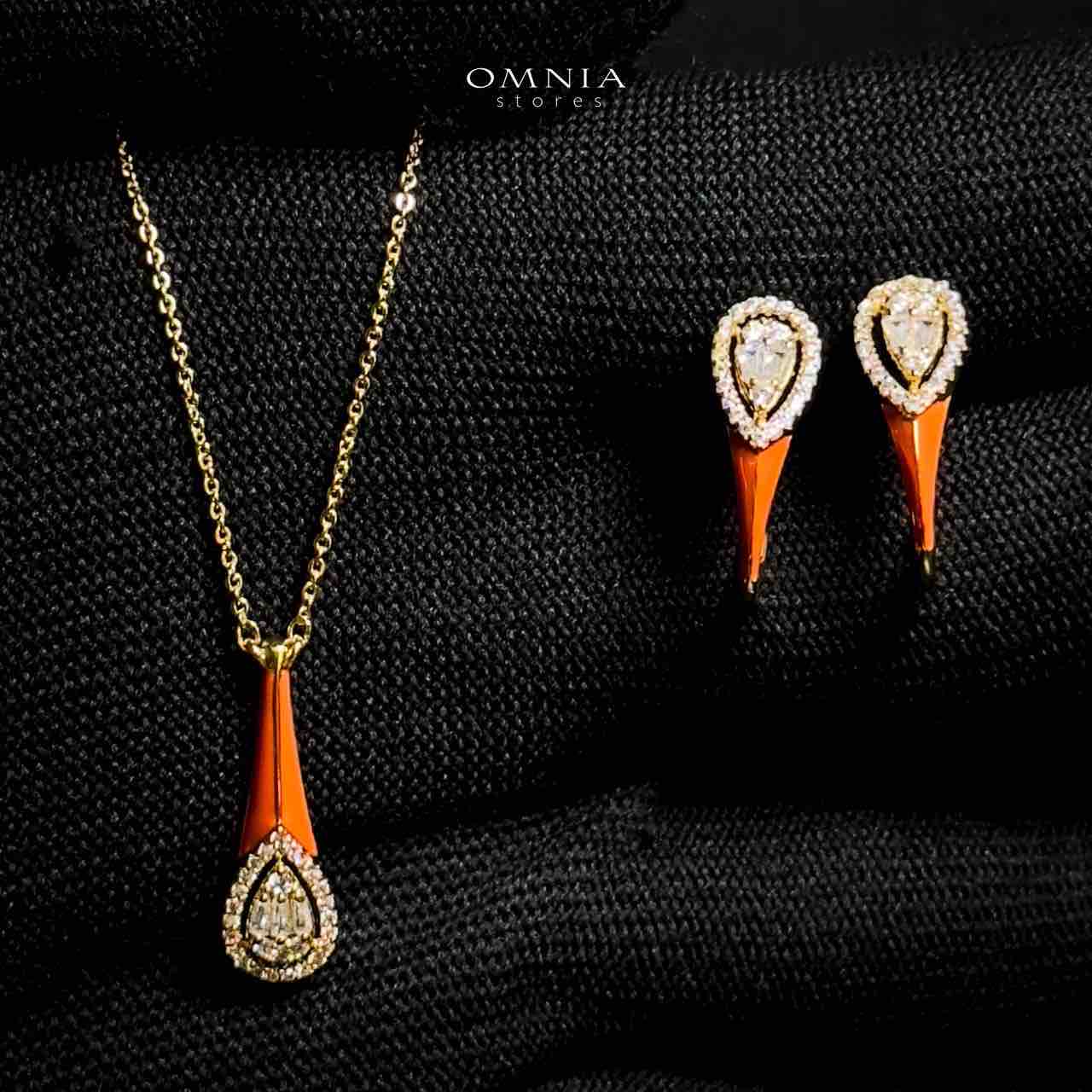 Omnia Manar Golden Red Necklace and Earrings With Rhodium Plated In High Quality Zircon Stone - OMNIASTORES UAE