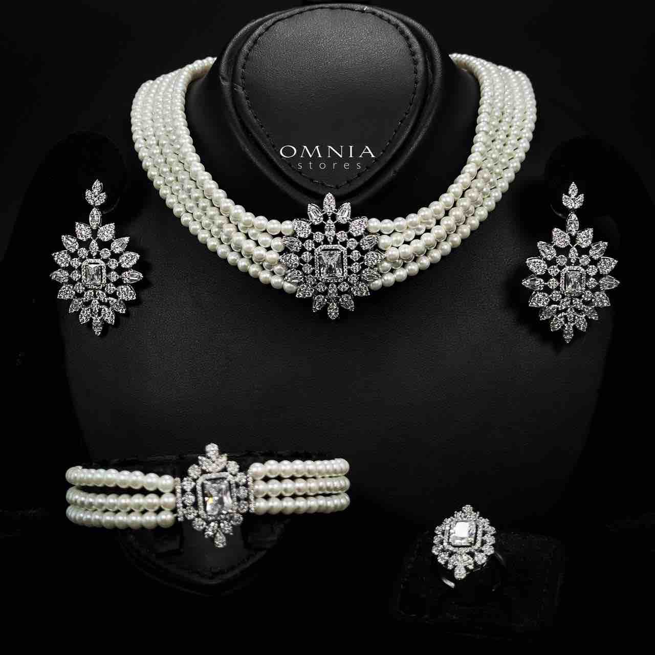 Omnia Tulin Pearl Bridal Full set With Rhodium Plated In High Quality Zircon Stone - OMNIASTORES UAE