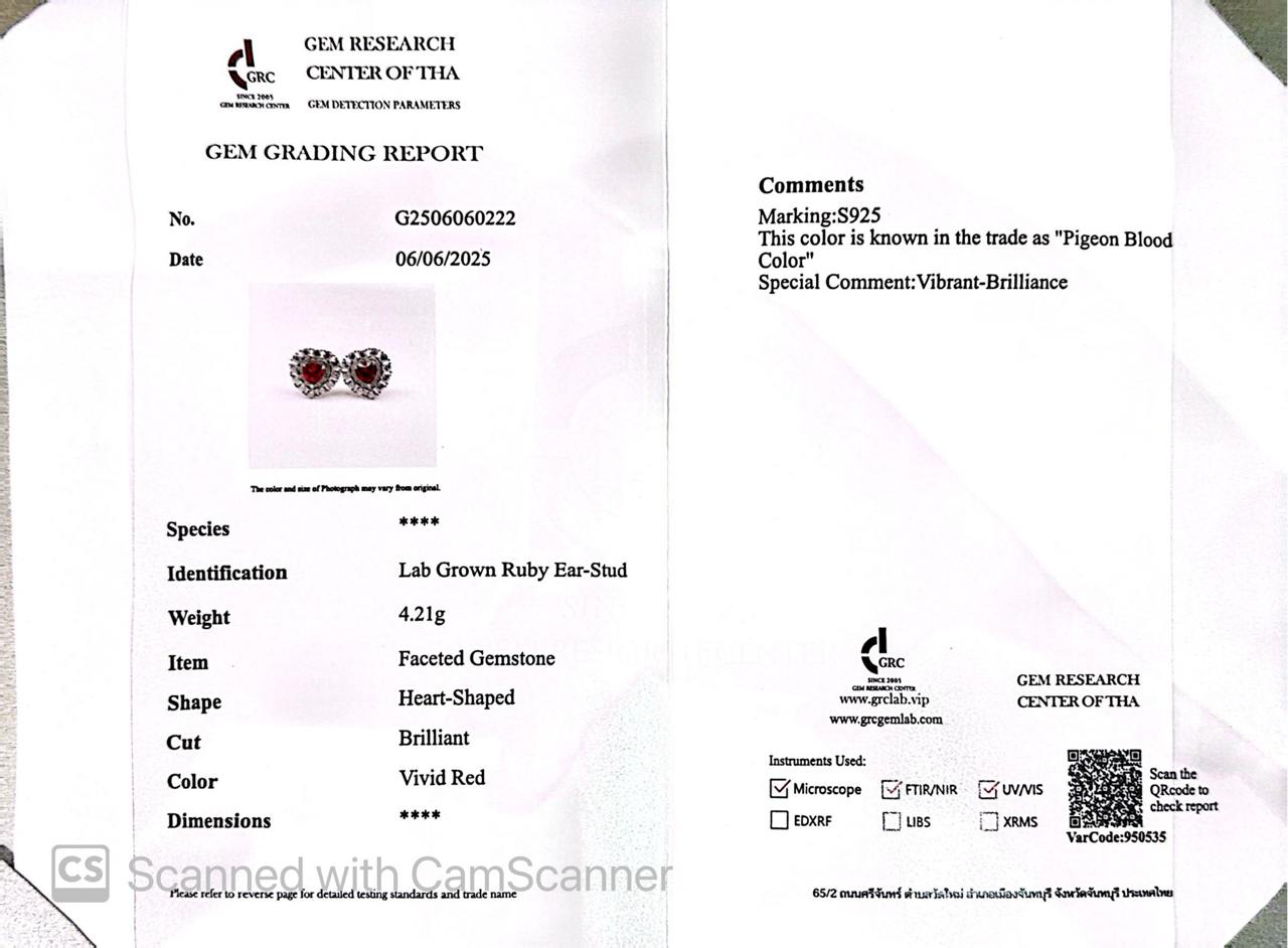 Omnia Lulwaan Silver Heart Earrings In 925 Silver High Quality GRC Certifited Red Lab Grown Ruby Stones - OMNIASTORES UAE