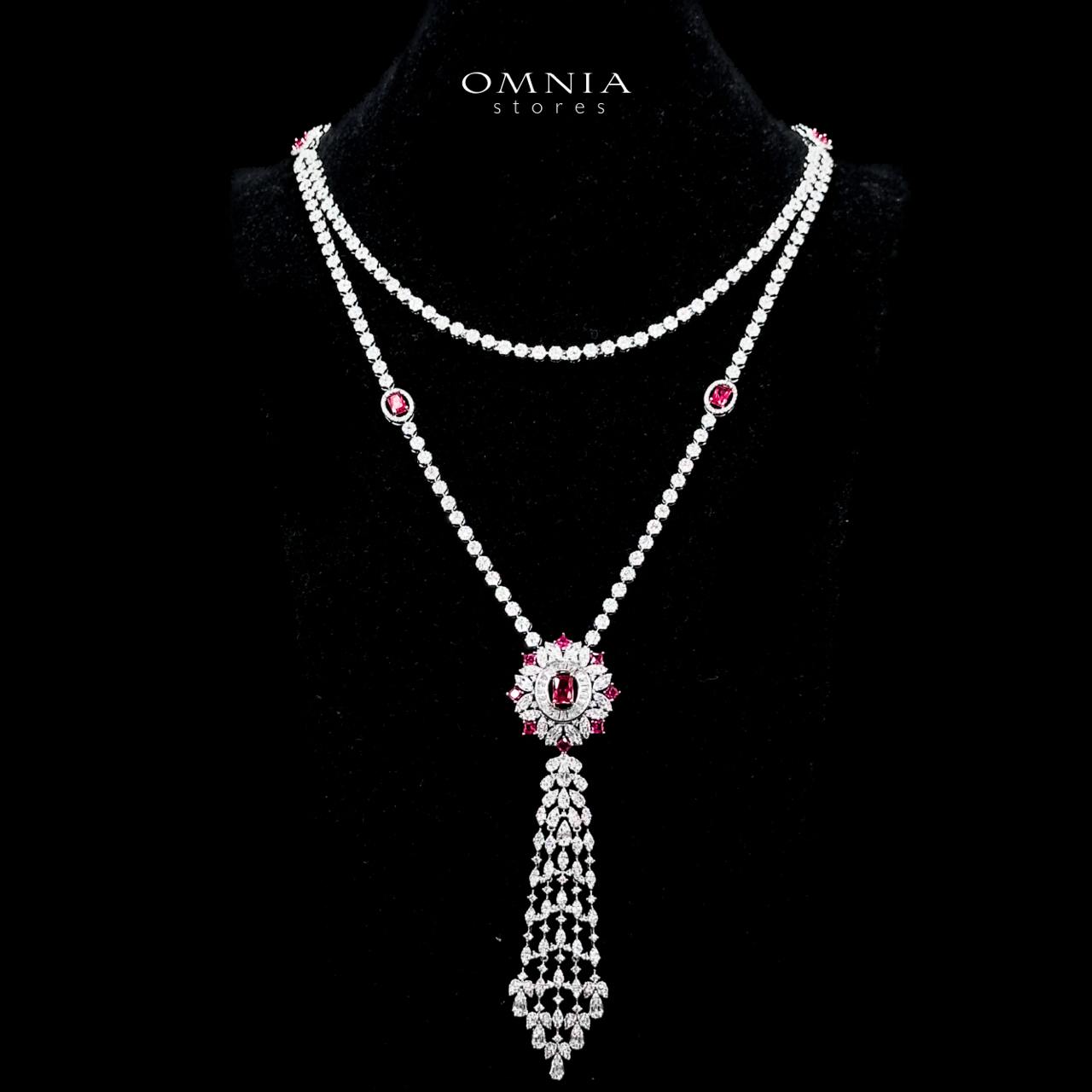 Omnia Ola Red Bridal Long chain Set Accessories in High Quality Zircon Stone Rhodium Plated - OMNIASTORES KSA