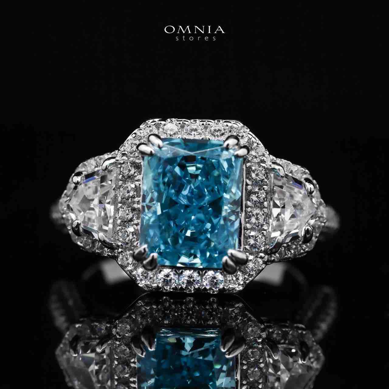 Omnia Aseel Radiant Cut Sky Blue Ring in 92.5 Silver with High Quality Simulated Diamonds - OMNIASTORES UAE