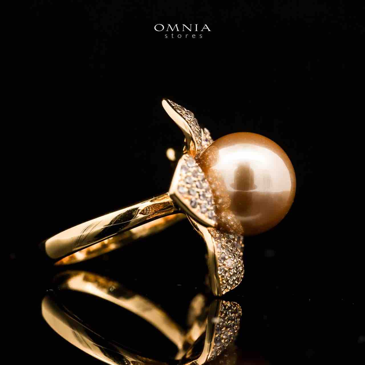 Omnia Ruba Golden Pearl Ring Accessories in High Quality Copper Rhodium Plated - OMNIASTORES UAE