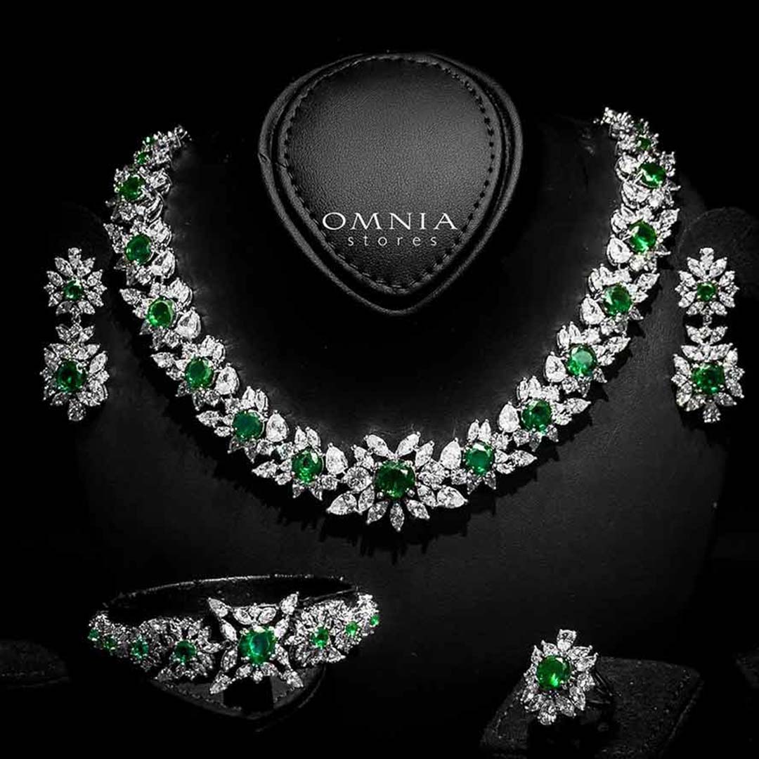 Omnia Nareen Green Bridal Full Set in High Quality Simulated Diamonds Premium Rhodium Plated - OMNIASTORES UAE