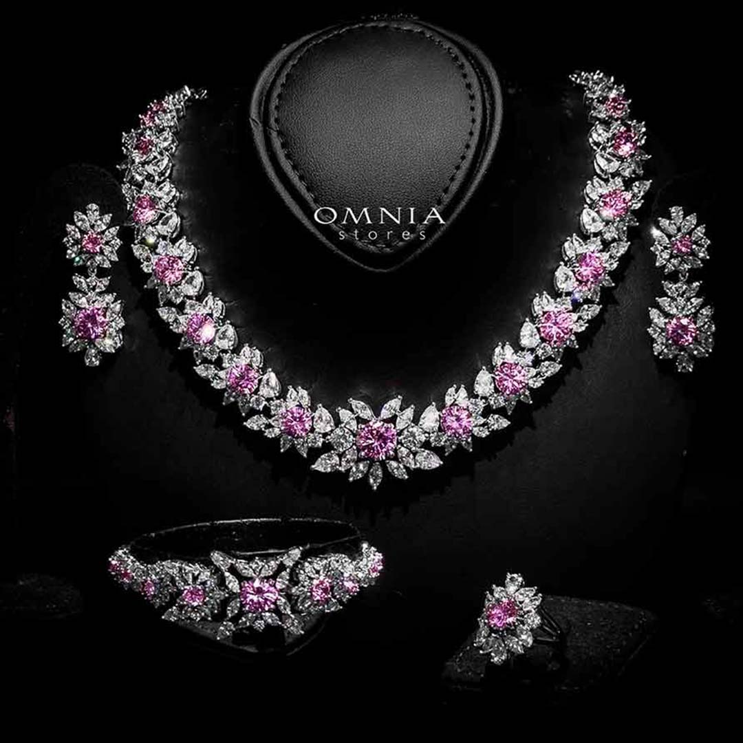 Omnia Nareen Pink Bridal Full Set in High Quality Zircon Stone Rhodium Plated - OMNIASTORES UAE